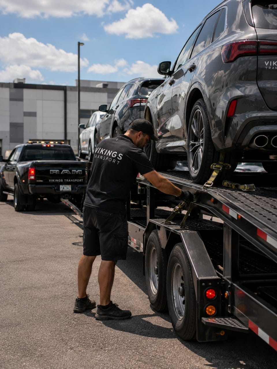 A Vikings Transport crew member tightening a wheel strap on a loaded SUV