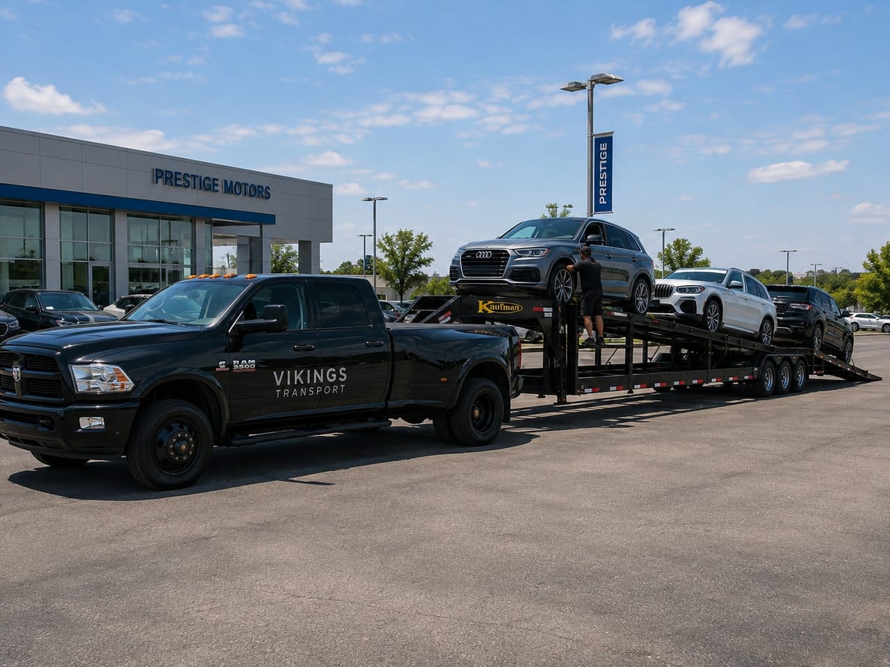 A Vikings Transport crew member loading an SUV onto the trailer at a dealership lot