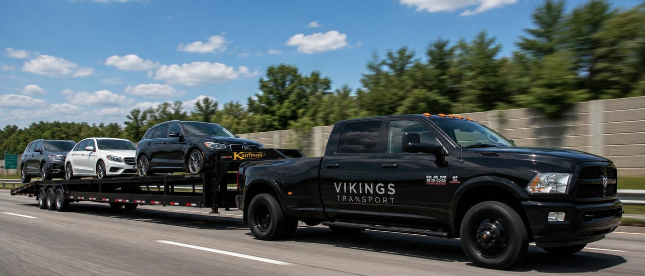 A Vikings Transport hauler carrying four vehicles at speed on the interstate