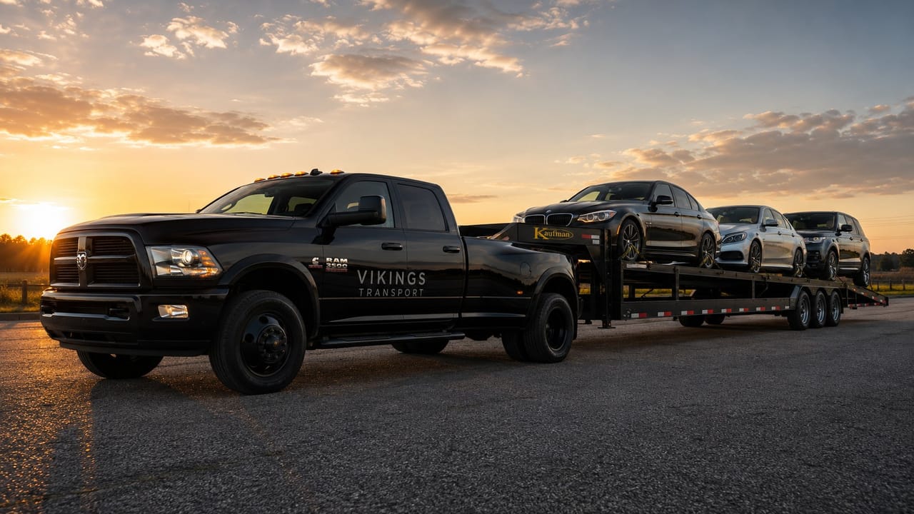 A black Vikings Transport Ram 3500 towing a gooseneck trailer loaded with four vehicles at sunset